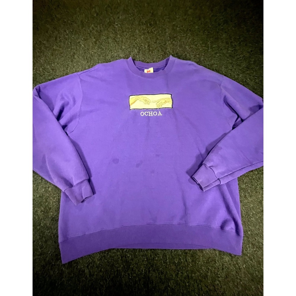 Hanes EcoSmart Sweatshirt Men L Purple Embroidered Creation Of Adam Custom Ochoa